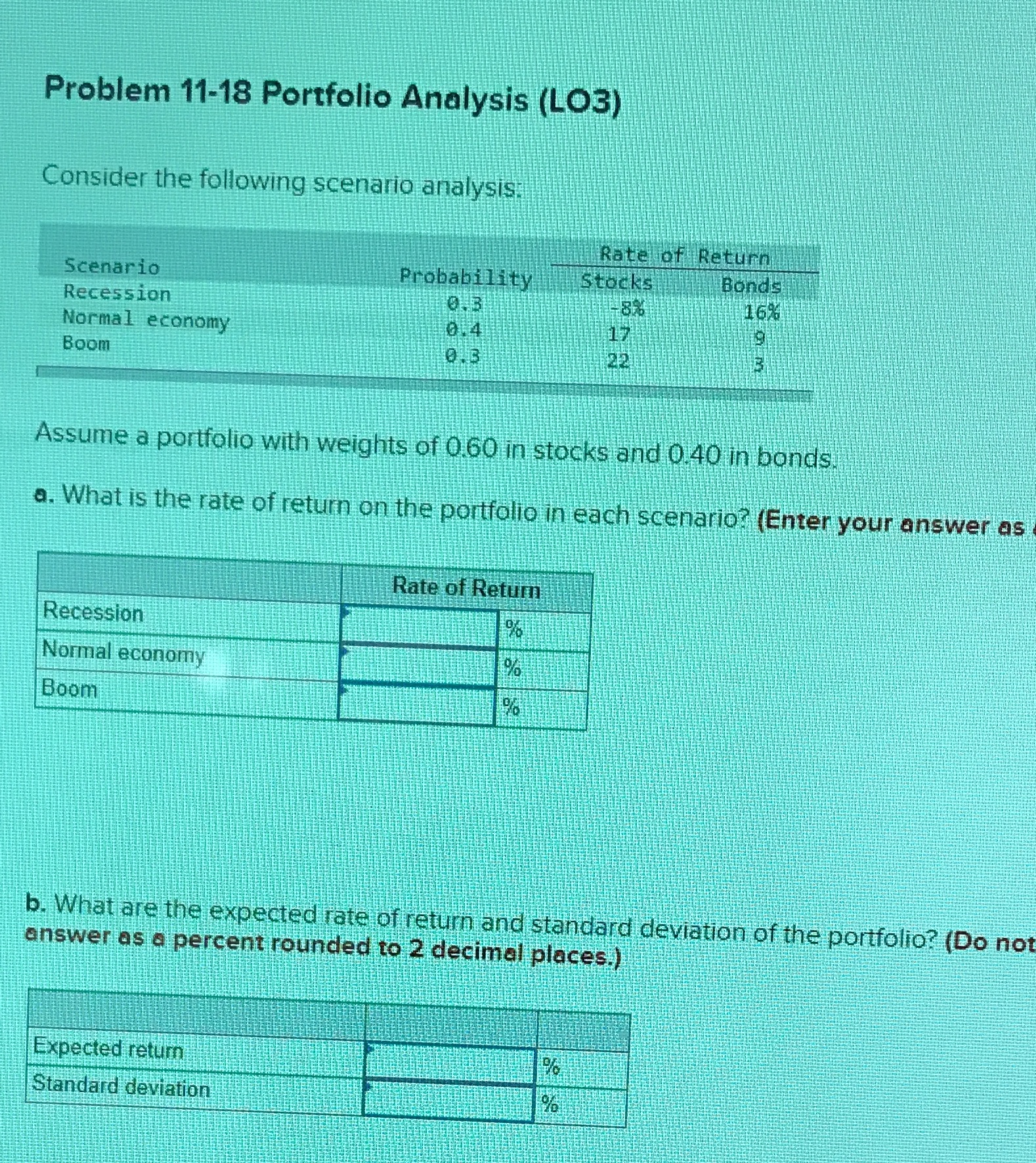 Problem 11-18 Portfolio Analysis (LO3) Consider
