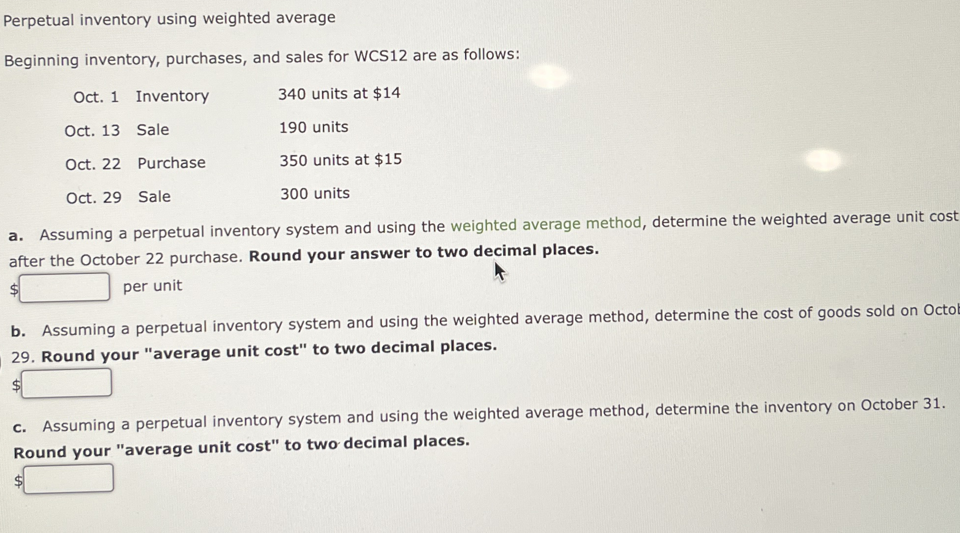 Perpetual inventory using weighted average