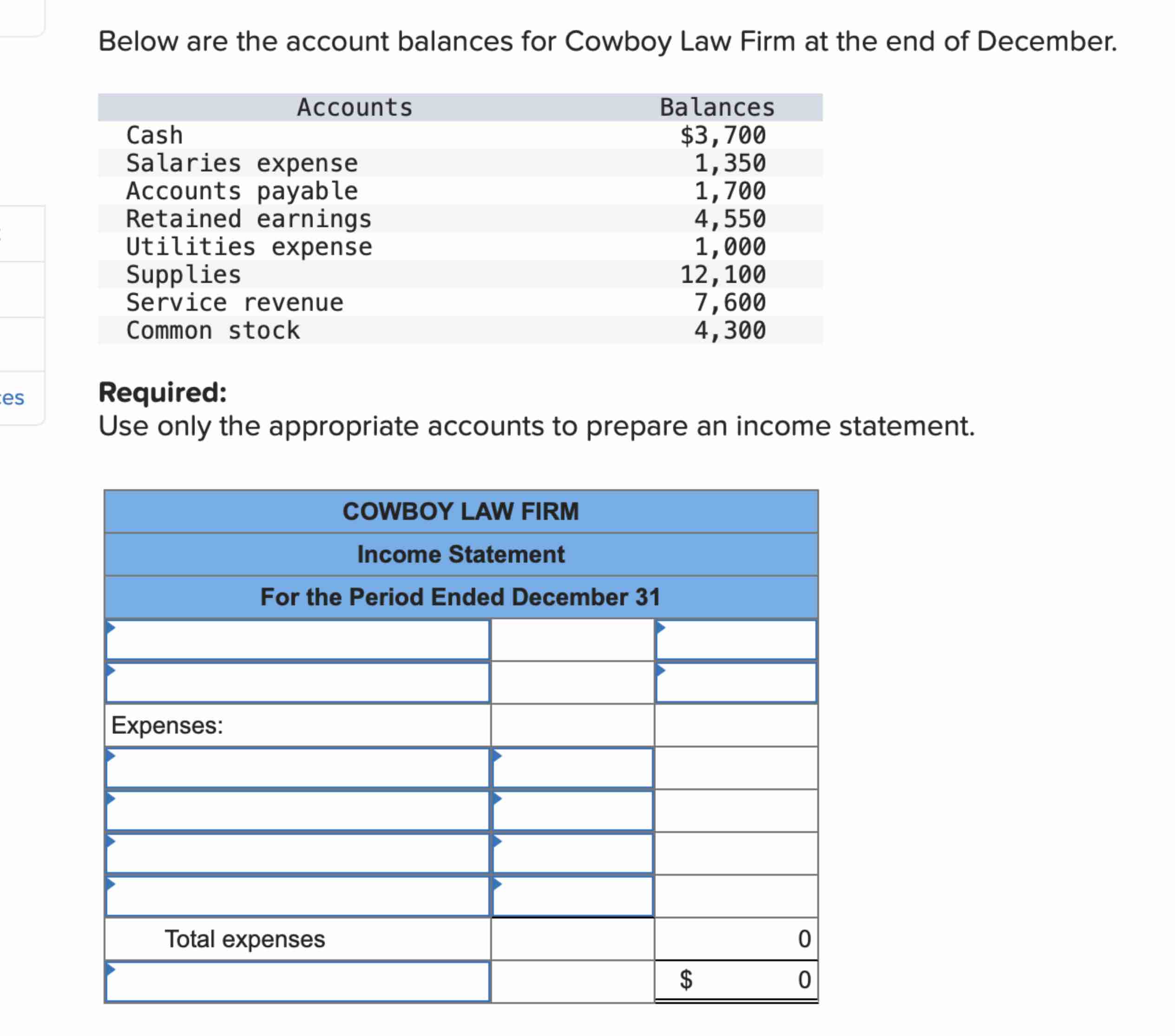 Below are the account balances for Cowboy Law