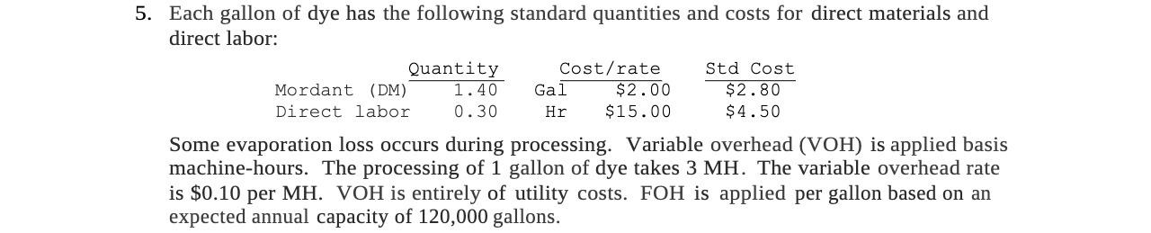 5. Each gallon of dye has the following standard