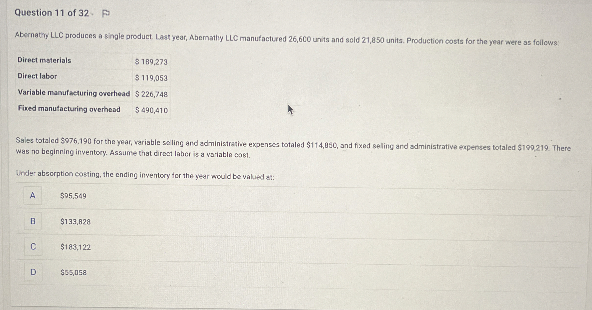 Question 1 1 of 3 2 . Abernathy LLC produces a