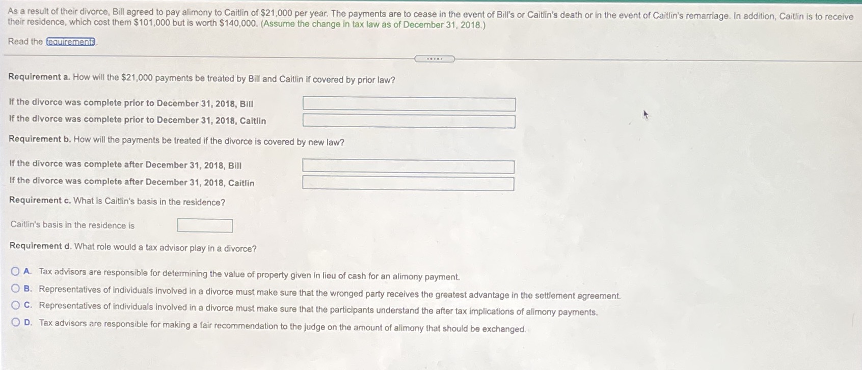 Accounting As a result of their divorce, Bill