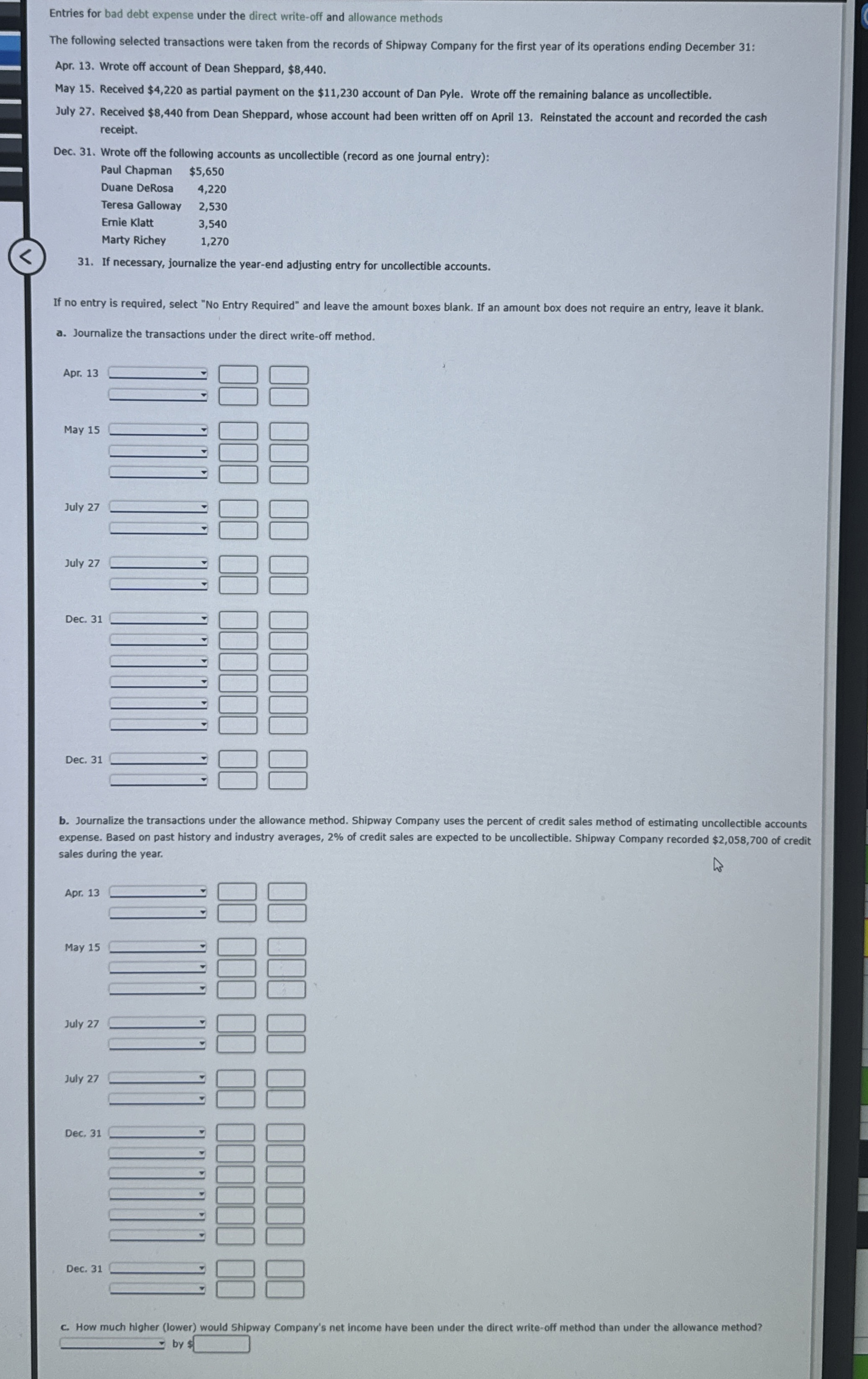 Entries for bad debt expense under the direct