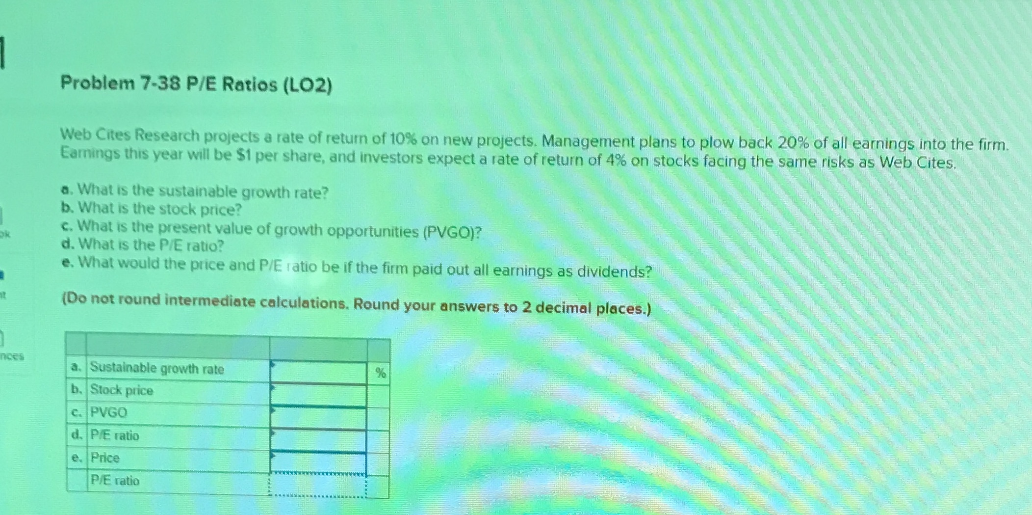 Problem 7-38 P/E Ratios (LO2) Web Cites Research