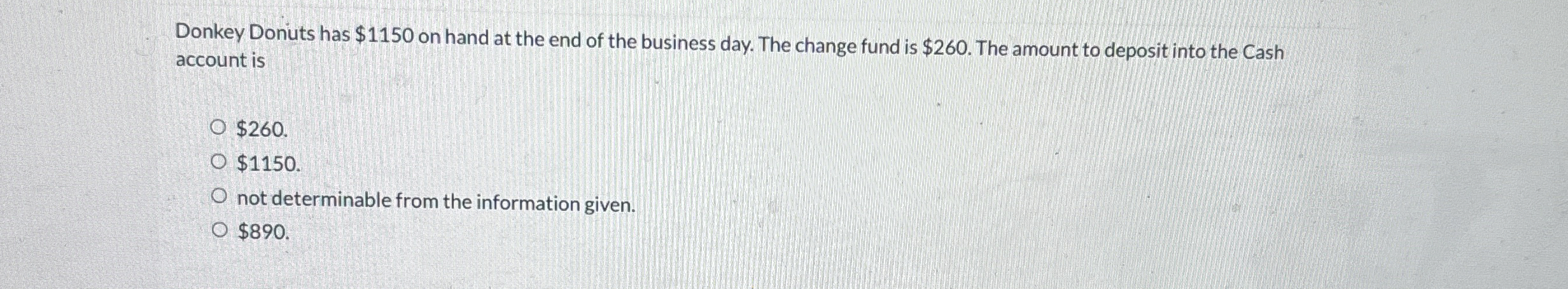 Donkey Donuts has $ 1 1 5 0 on hand at the end of