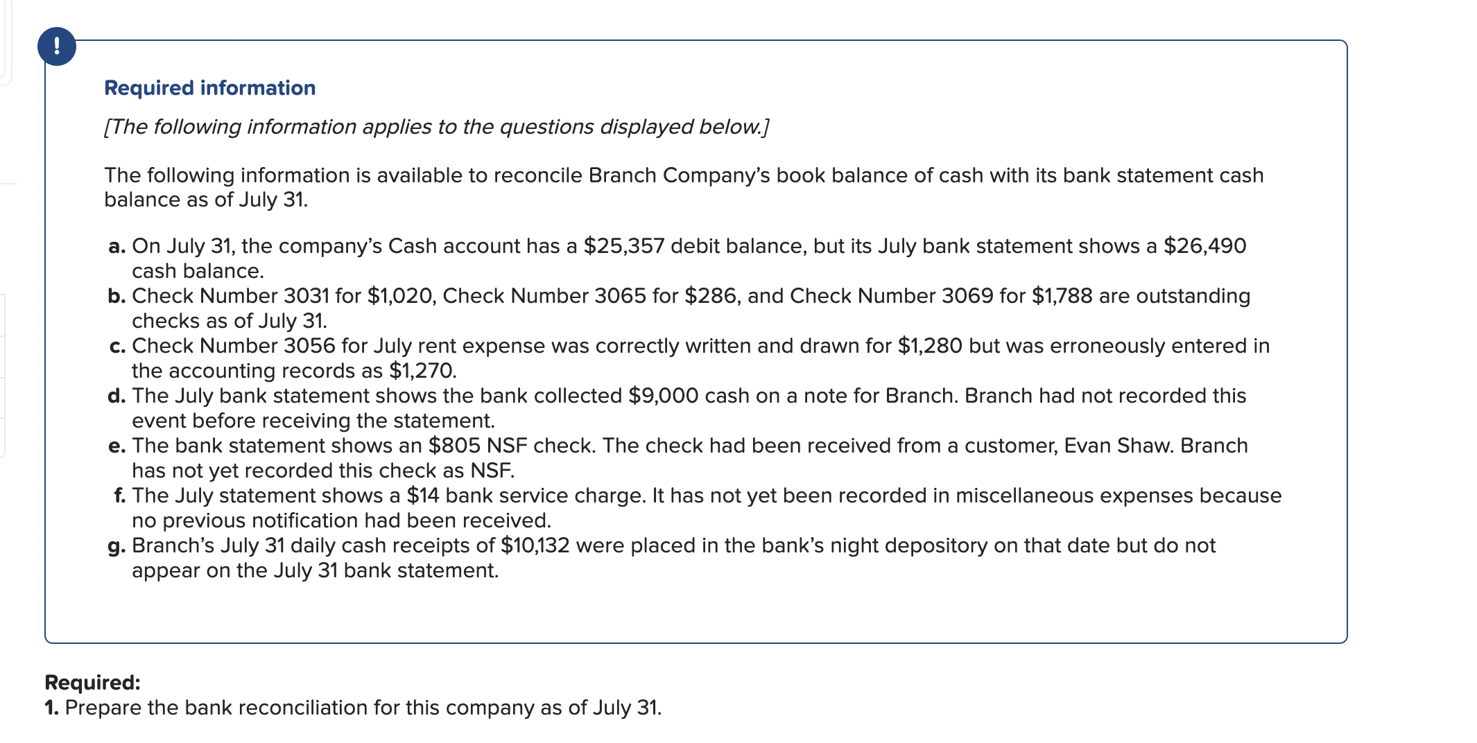 A table for a monthly bank reconciliation dated