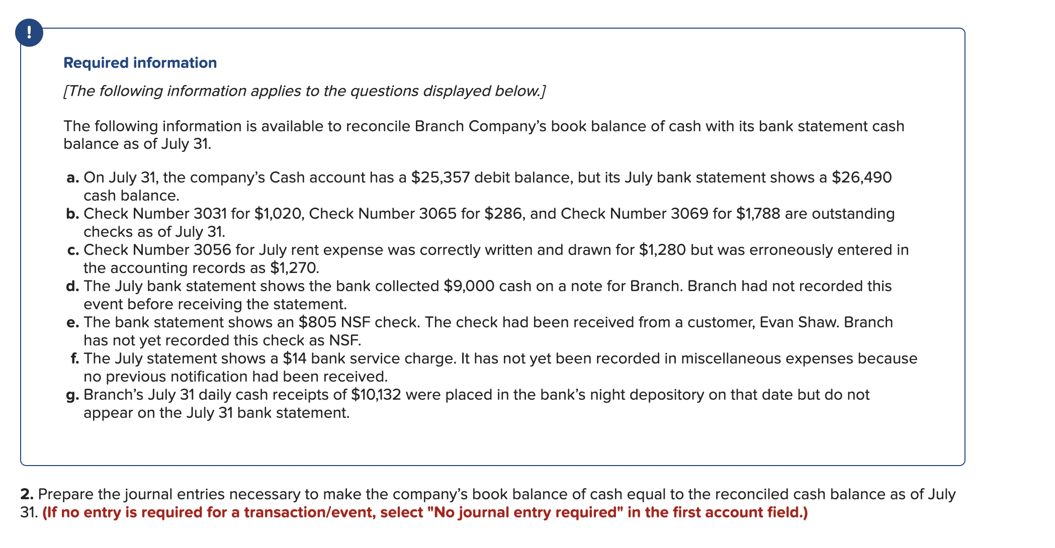 A table for a monthly bank reconciliation dated