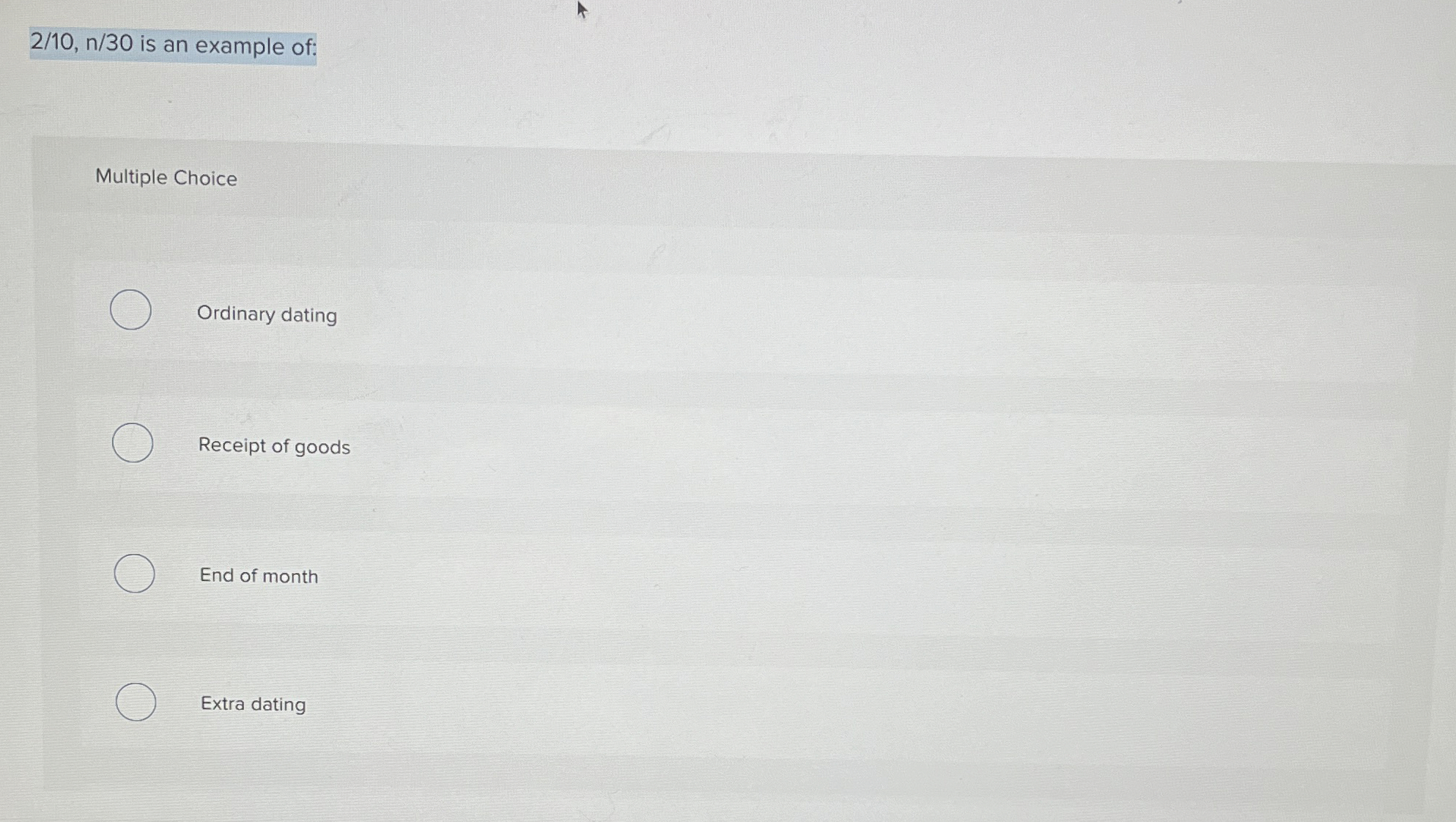 2 1 0 , n 3 0 is an example of: Multiple Choice