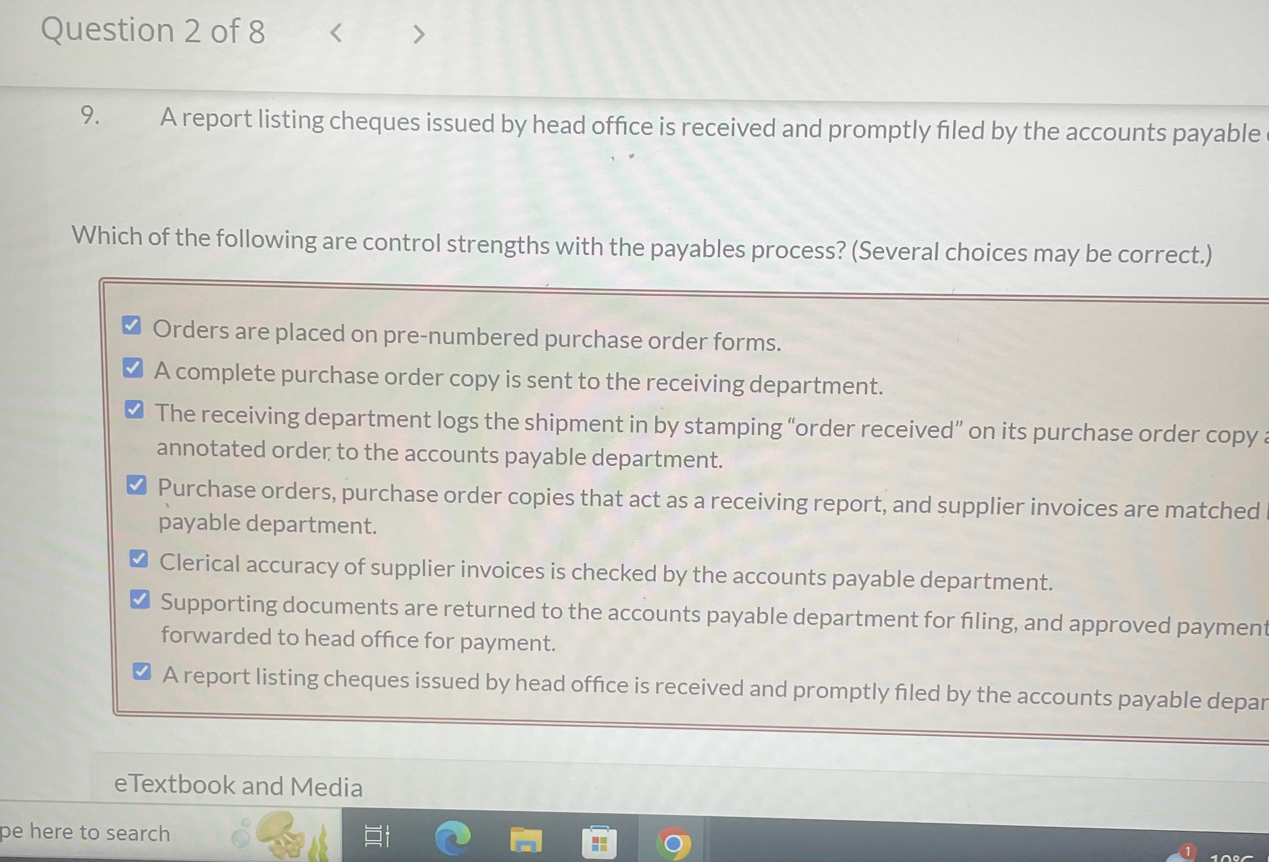 Question 2 of 8 9 . A report listing cheques