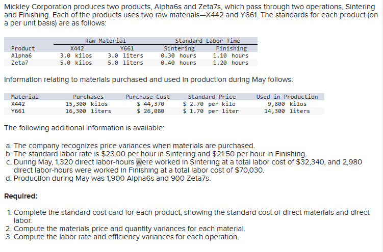 Mickley Corporation produces two products, Alpha
