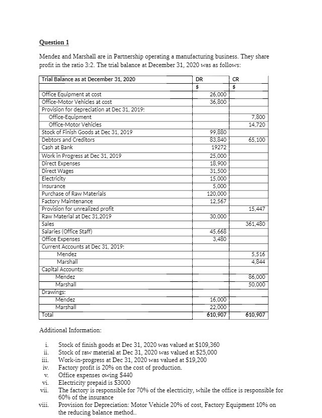 Question 1 Mendez and Marshall are in Partnership