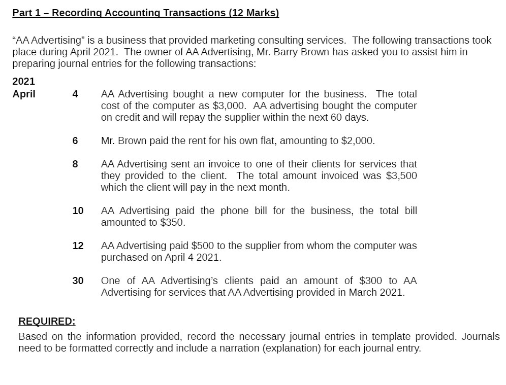 Part 1 Recording Accounting Transactions [12