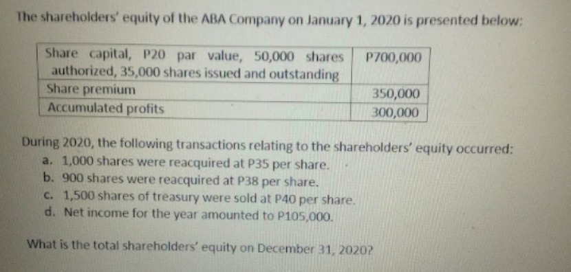 The shareholders' equity of the ABA Company