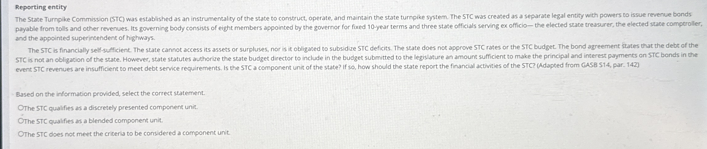 Reporting entity The State Turnpike Commission (