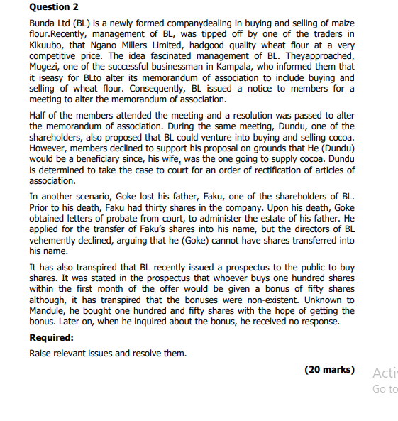 Question 2 Bunda Ltd (BL) is a newly formed