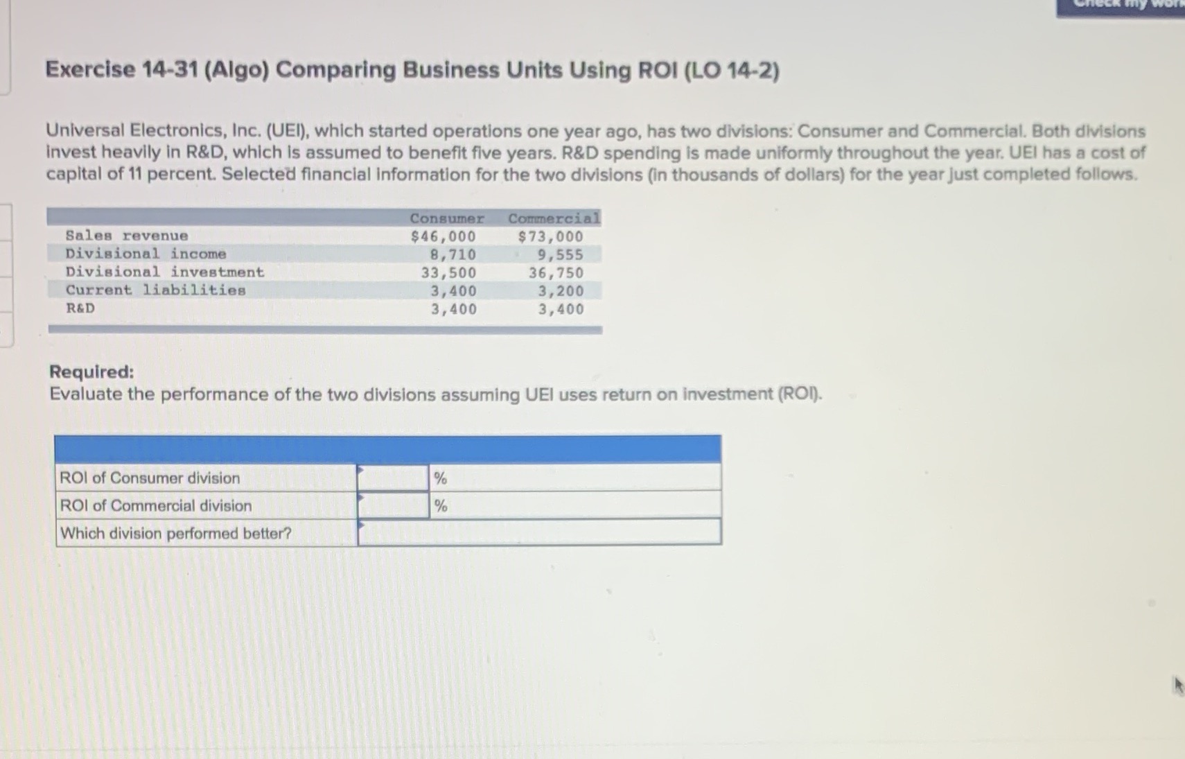 Exercise 14-31 (Algo) Comparing Business Units