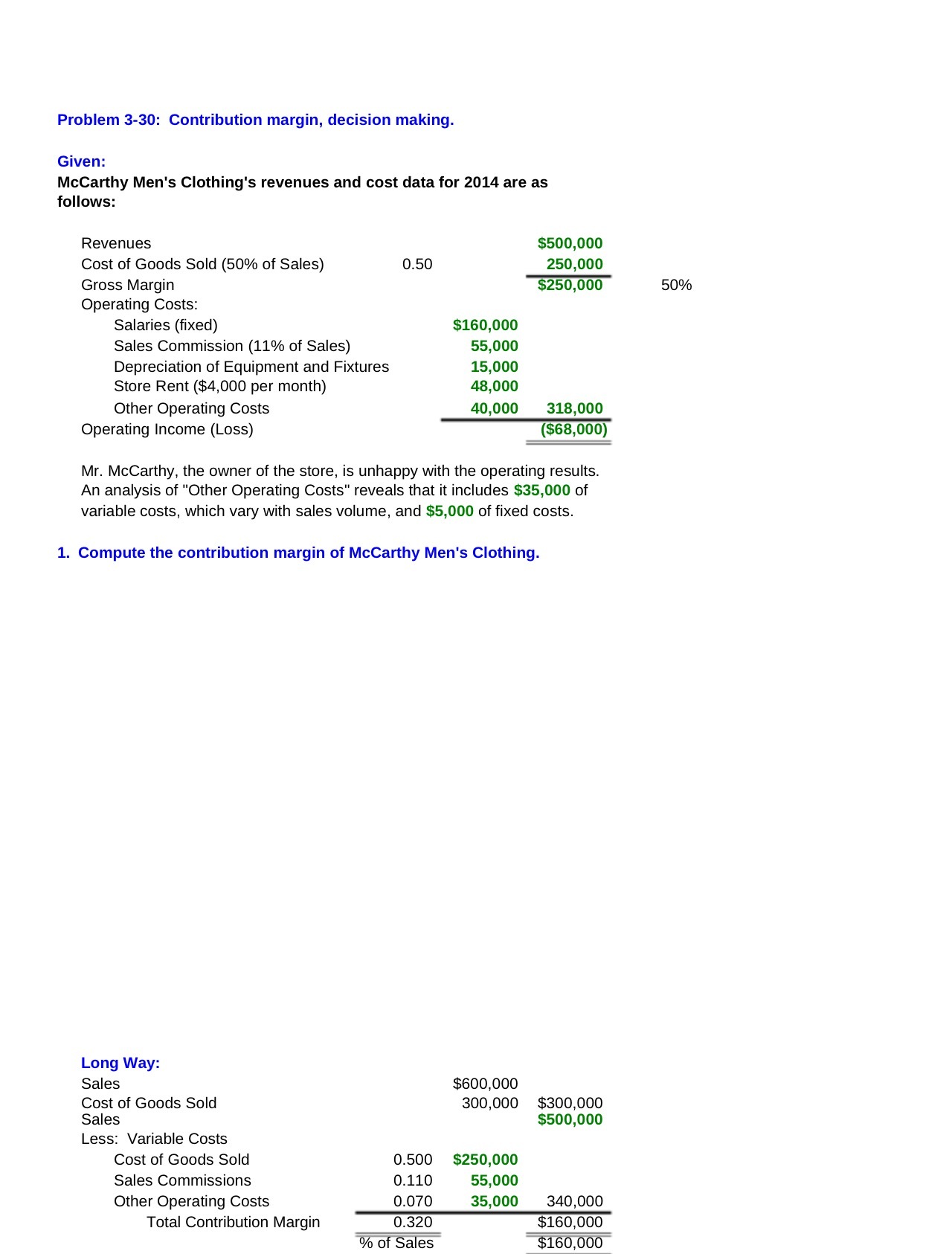 Problem 3-30: Contribution margin, decision