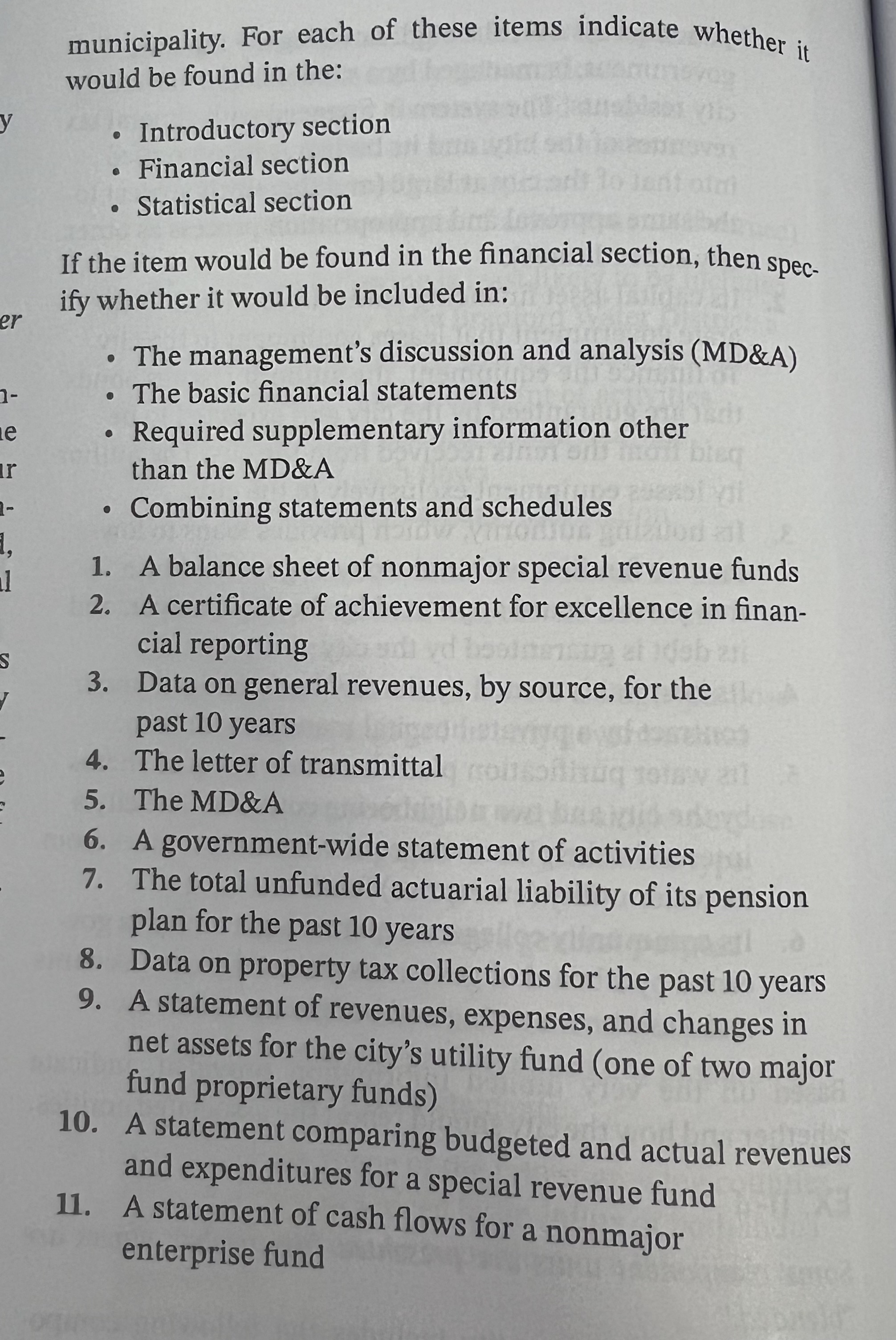 municipality. For each of these items indicate