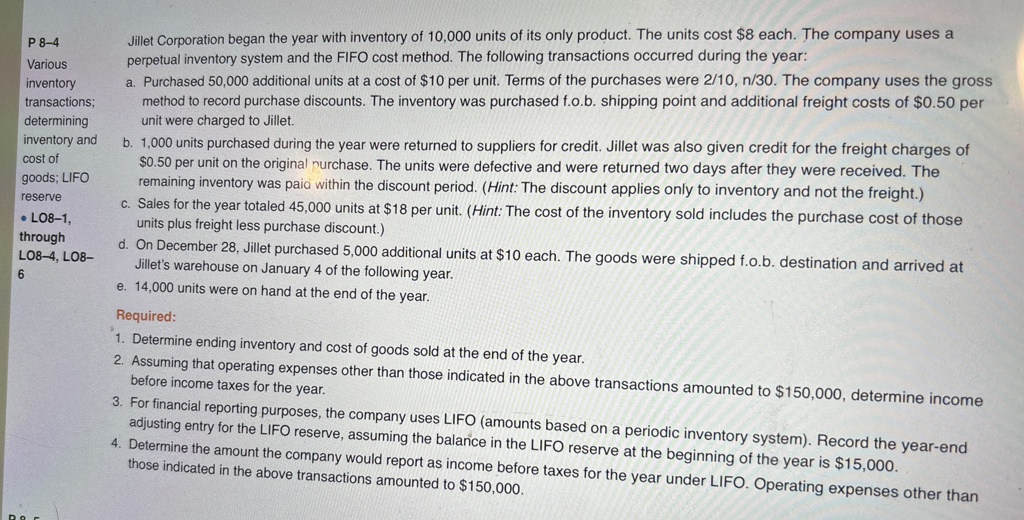 P 8 - 4 Various inventory transactions;