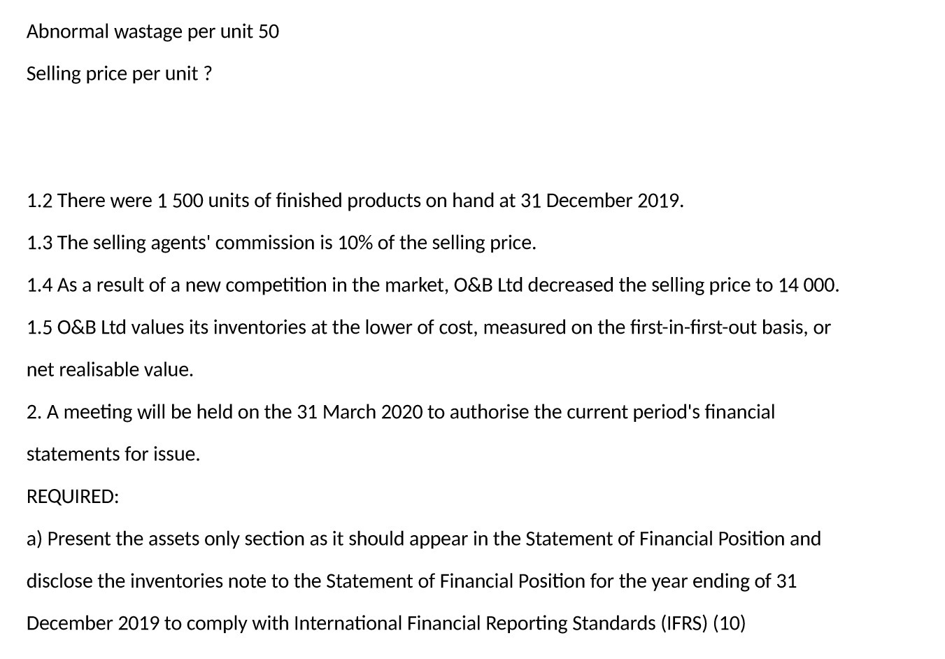 Abnormal wastage per unit 50 Selling price per