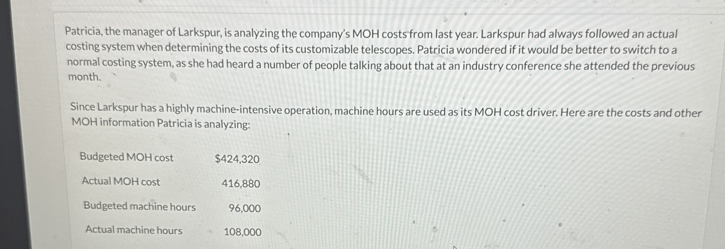 Patricia, the manager of Larkspur, is analyzing