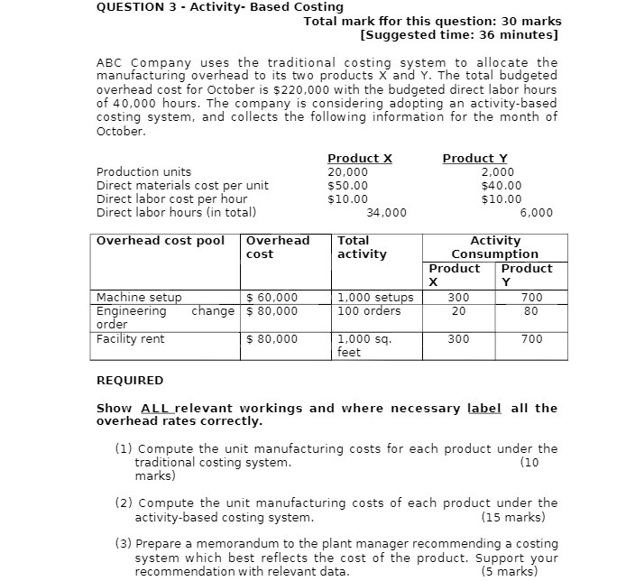 QUESTION 3 - Activity- Based Costing Total mark