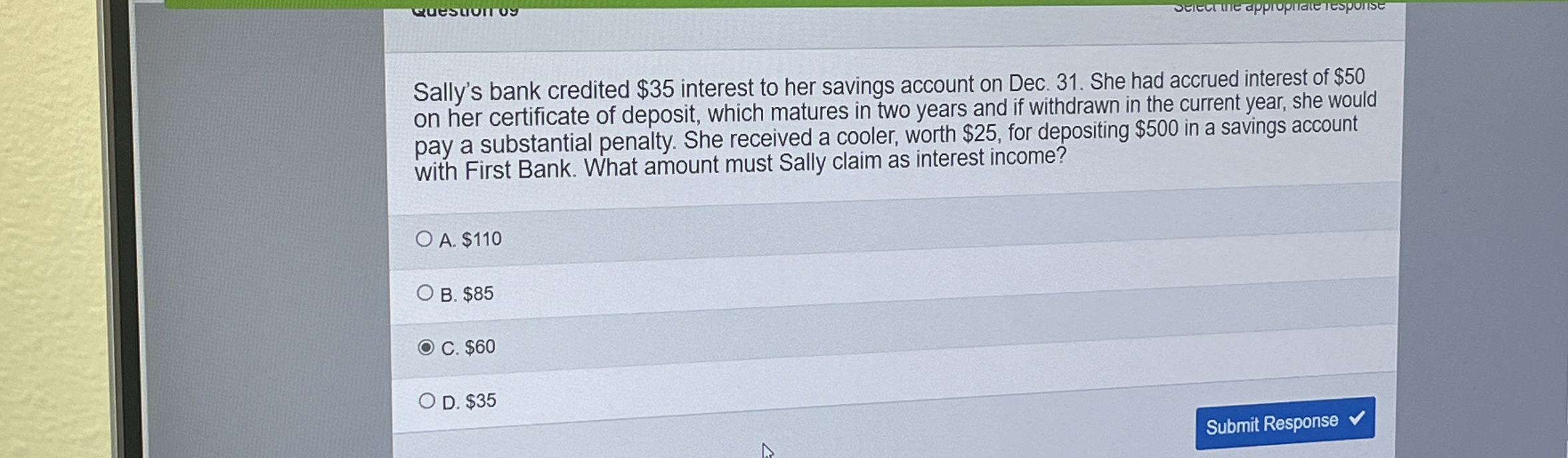 Sally's bank credited $ 3 5 interest to her