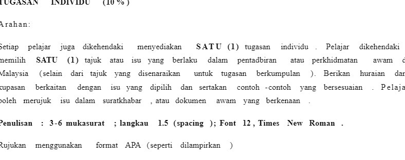 TUGASAN INDIVIDU (10 % ) Arahan: Setiap pelajar