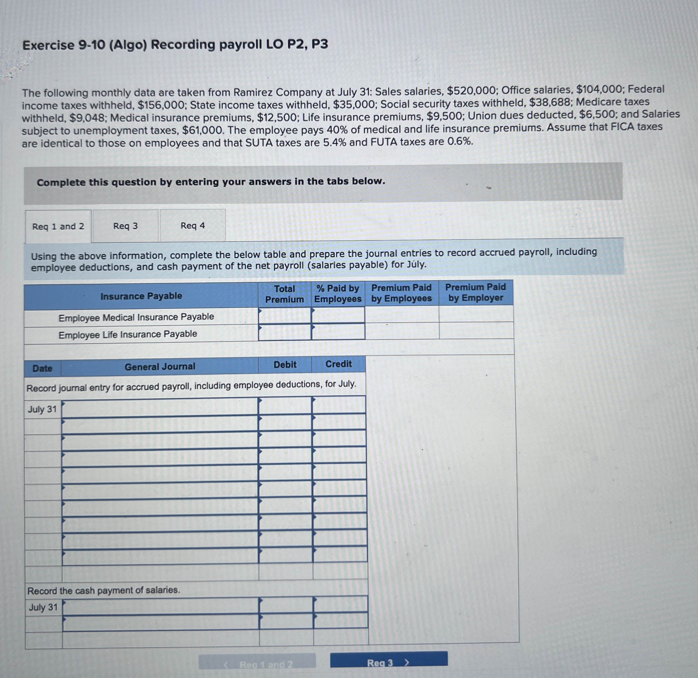 Exercise 9 - 1 0 ( Algo ) Recording payroll LO P