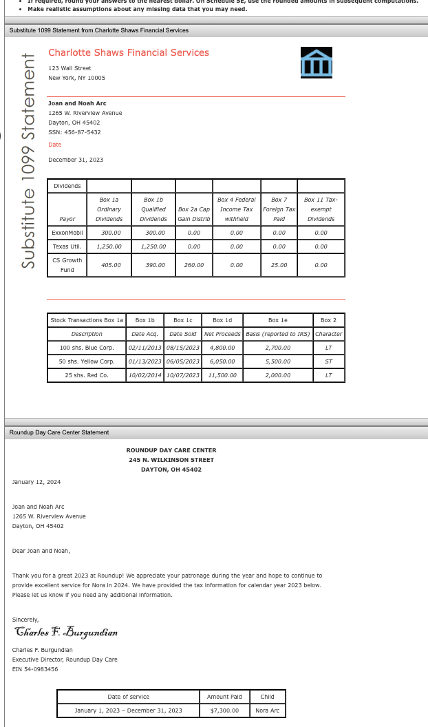 Noah and Joan Arc's Tax Return Note: This