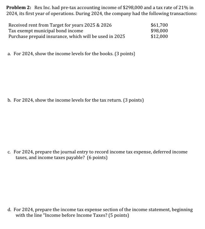 Problem 2 : Rex Inc. had pre - tax accounting