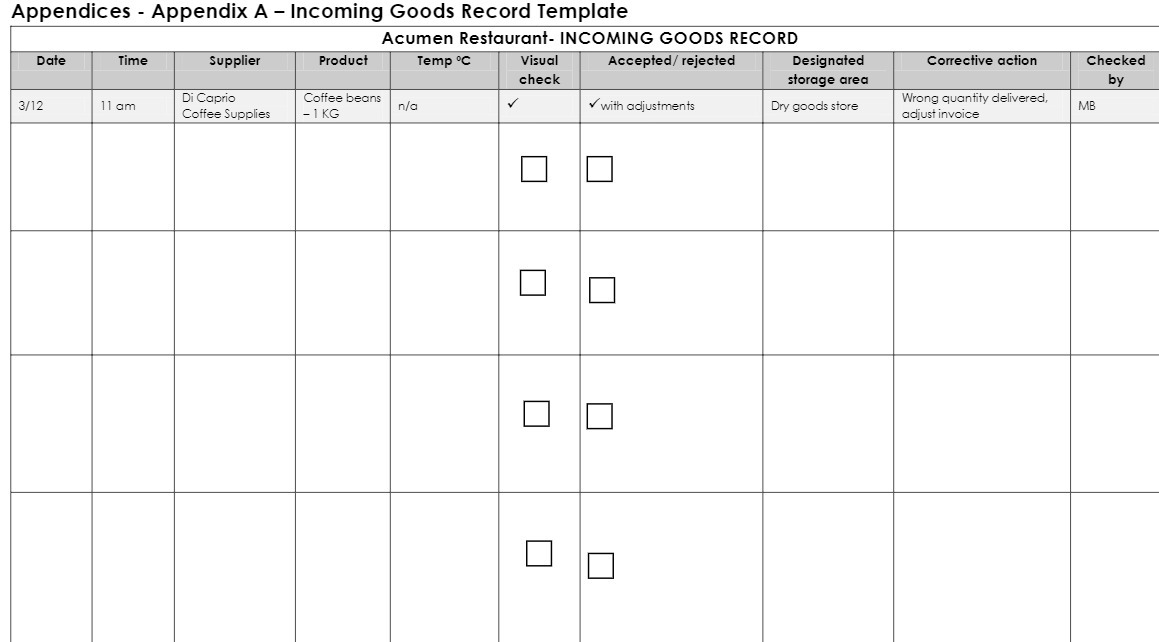 Appendices - Appendix A - Incoming Goods Record