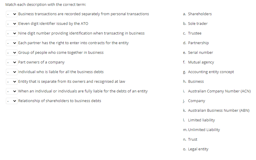 hello can you help me match each description with