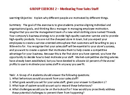 GROUP EXERCISE 2 - Motivating Your Sales Staff