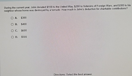 During the current year, John donated $ 1 0 0 to