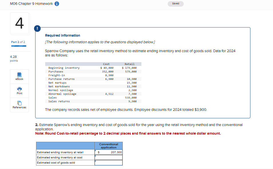 M06 Chapter 9 Homework i Saved Required