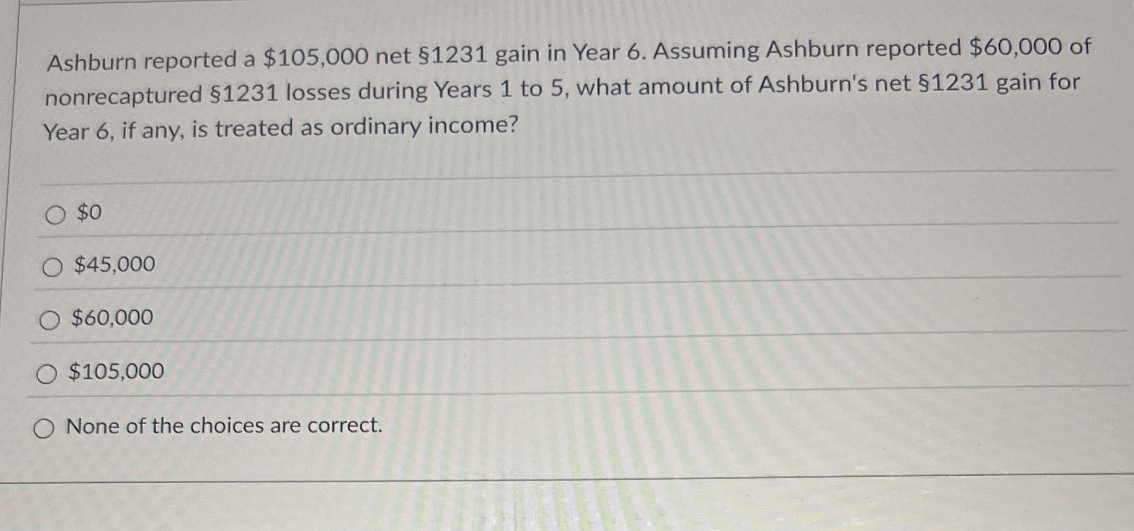 Ashburn reported a $ 1 0 5 , 0 0 0 net $ 1 2 3 1