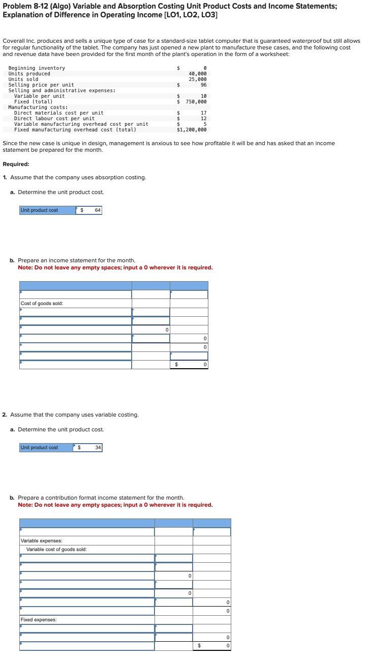 Problem 8 - 1 2 ( Algo ) Variable and Absorption