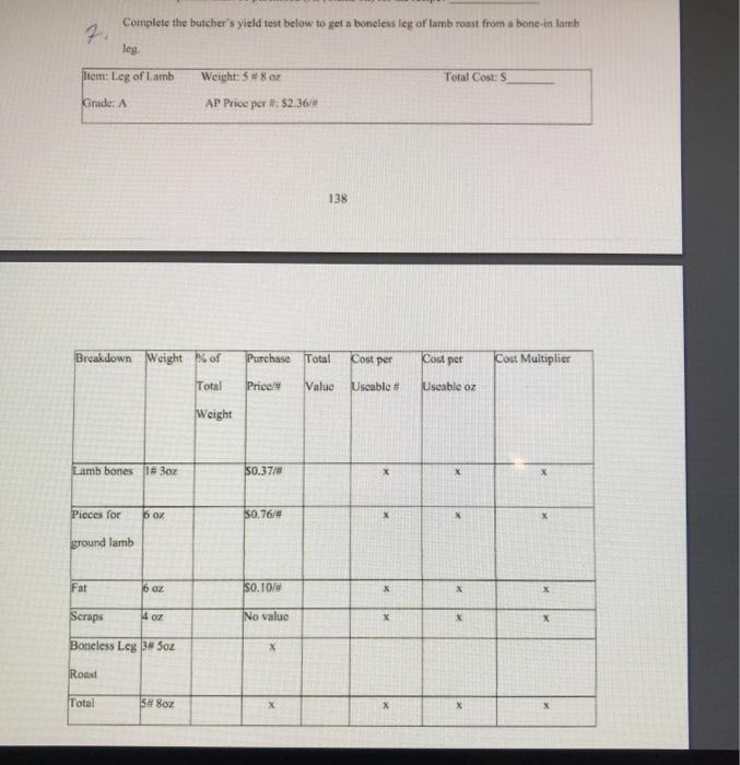 Hello, I need this butcher's yield test solved in