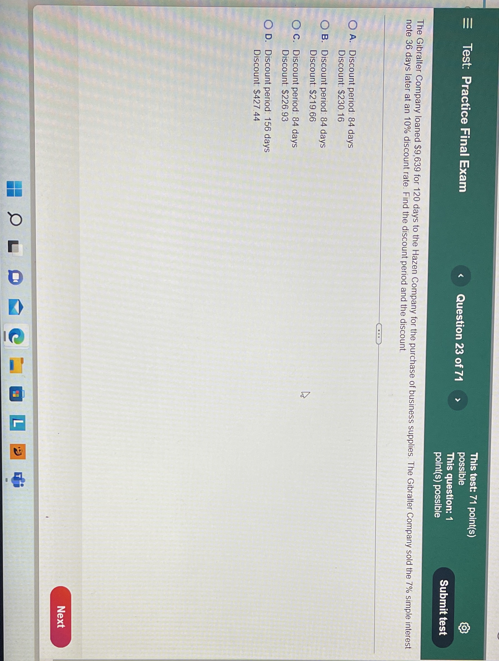 This test: 71 point(s) E Test: Practice Final