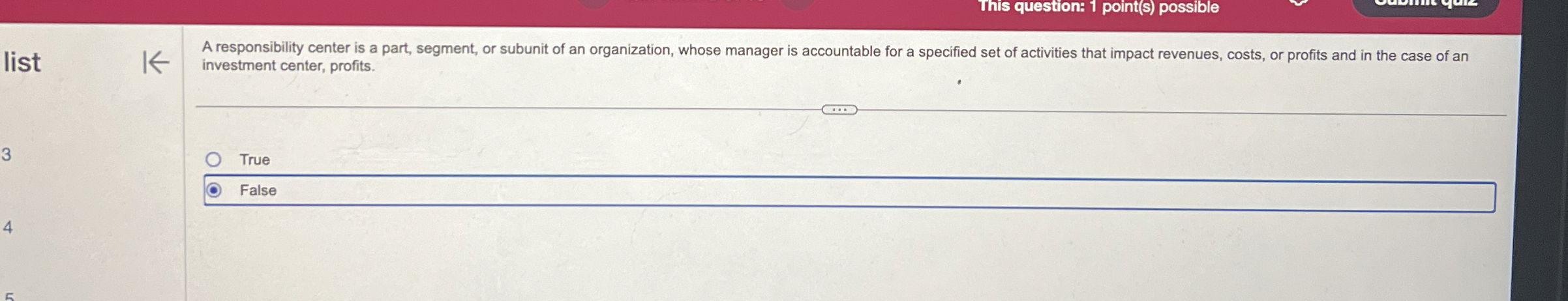 This question: 1 point ( S ) possible A