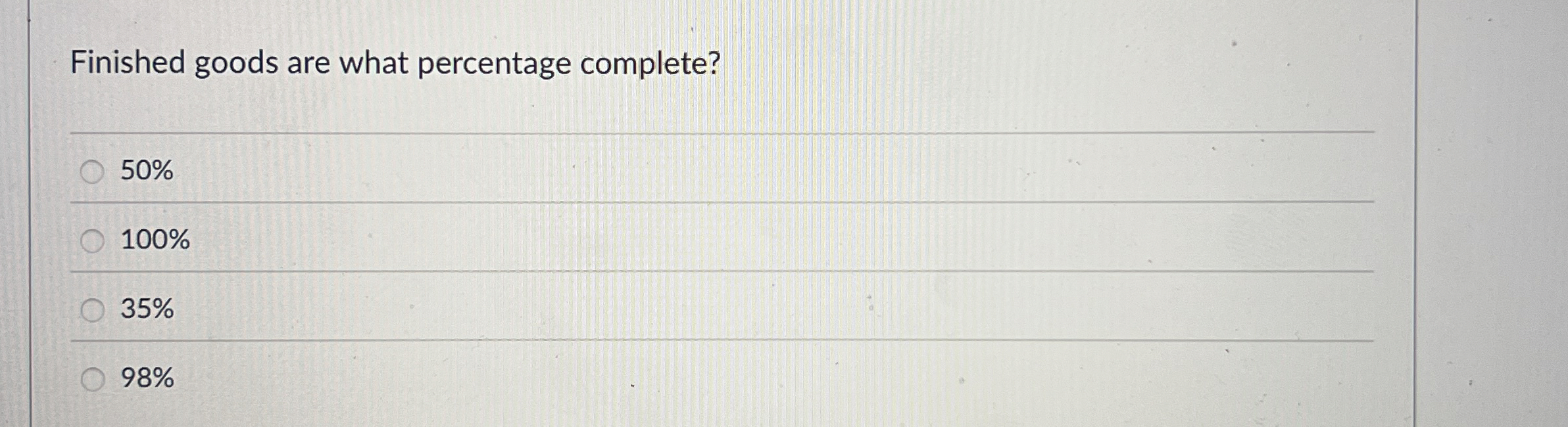 Finished goods are what percentage complete? 5 0