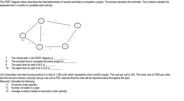 The PERT diagram below describes the