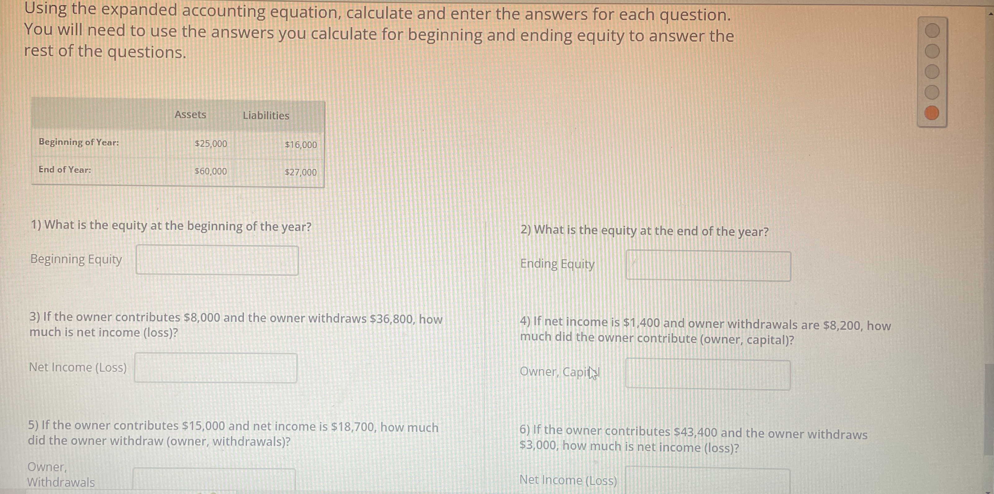 Using the expanded accounting equation, calculate