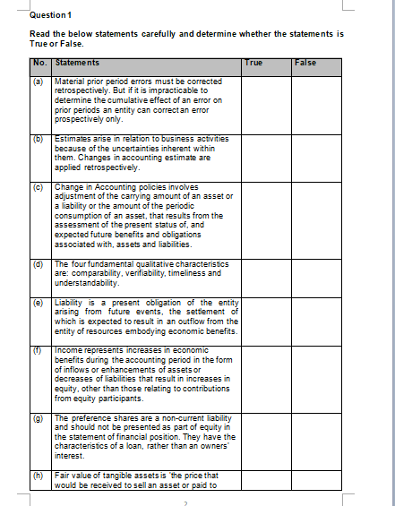 Question 1 Read the below statements carefully