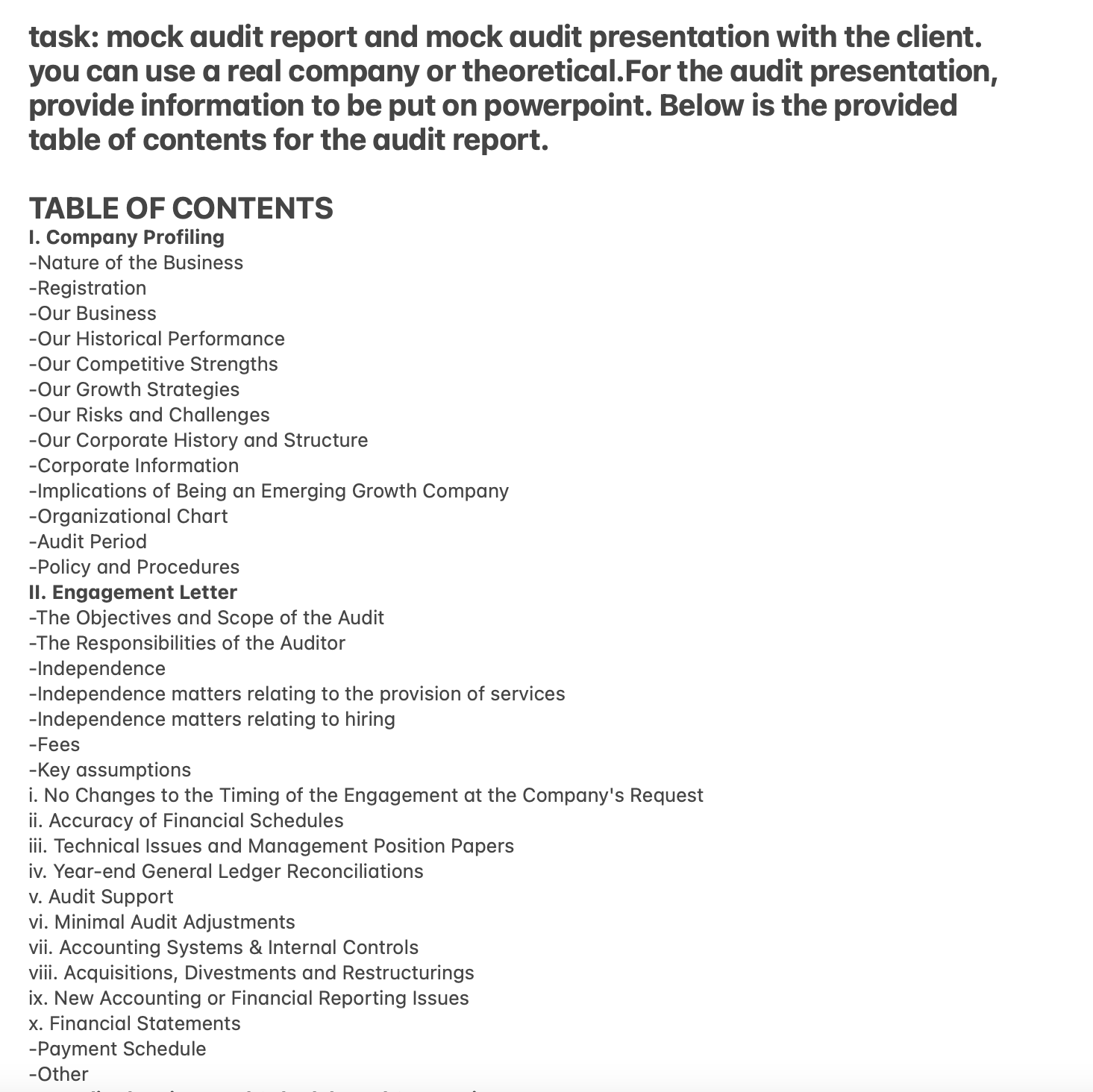 Provide script for the presentation lll. Audit