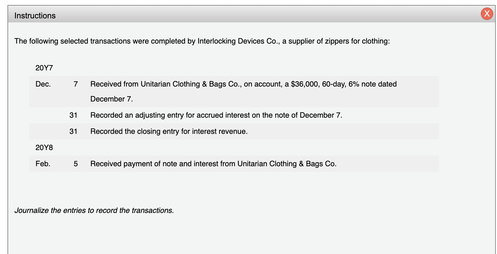 Instructions The following selected transactions