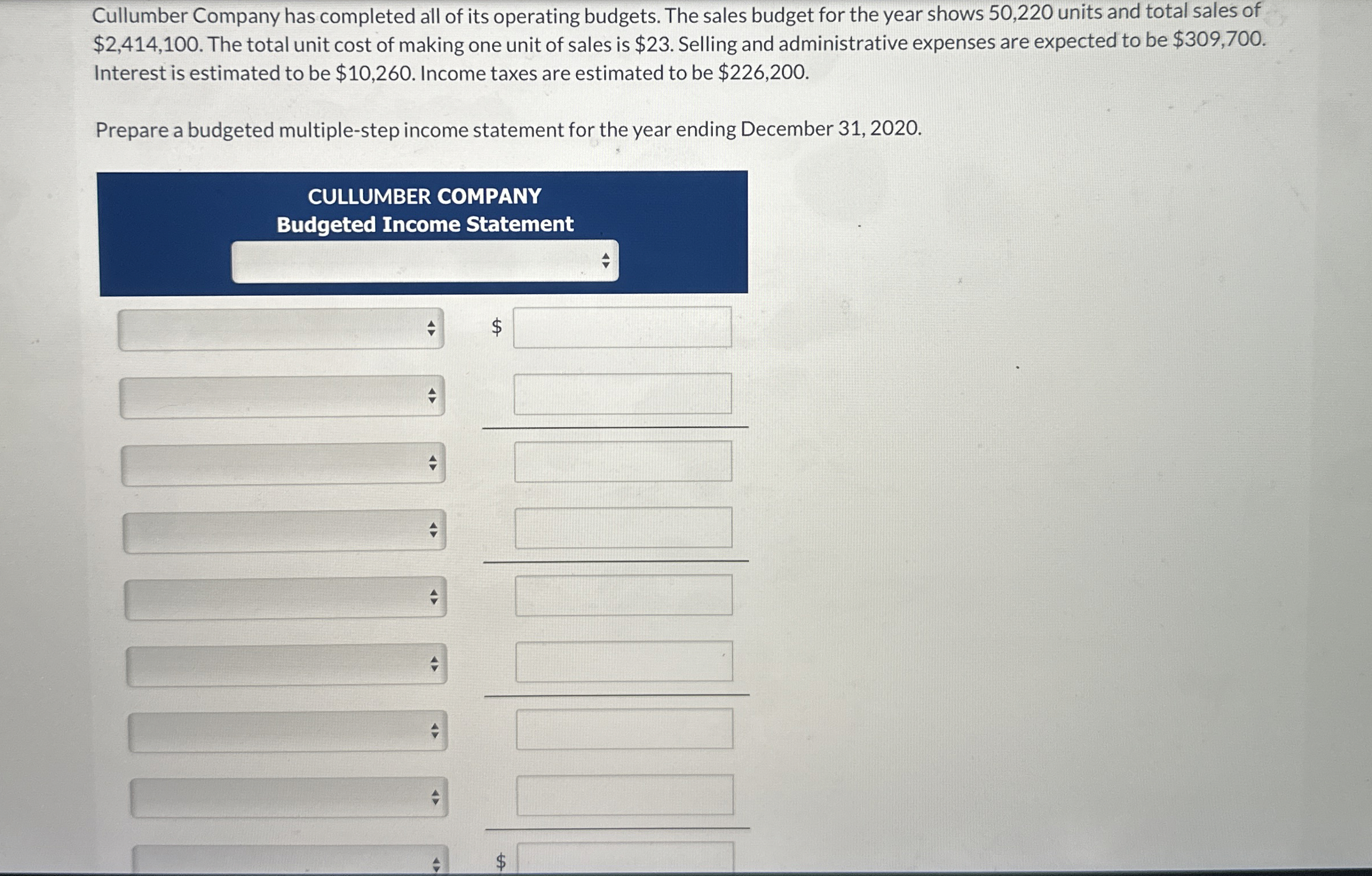 Cullumber Company has completed all of its