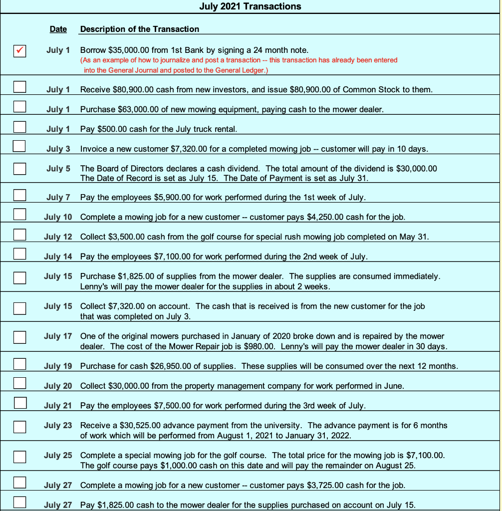 July 2021 Transactions Date Description of the