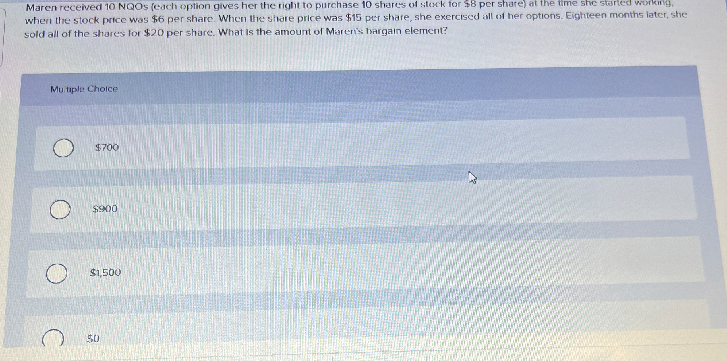 Maren received 1 0 NQOs ( each option gives her